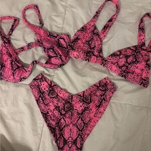 One one swim Hot Pink Snake Print Bikini Set, size small 3 pieces